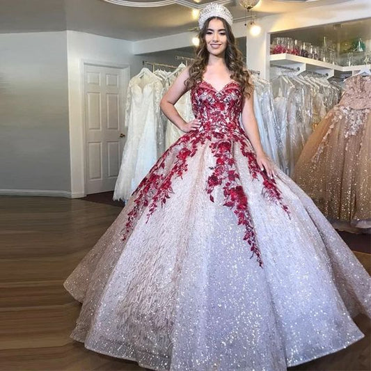 Robes de Quinceanera à paillettes appliquées, décolleté en cœur, tulle, longueur au sol, robes de bal, robe de bal, fg4170