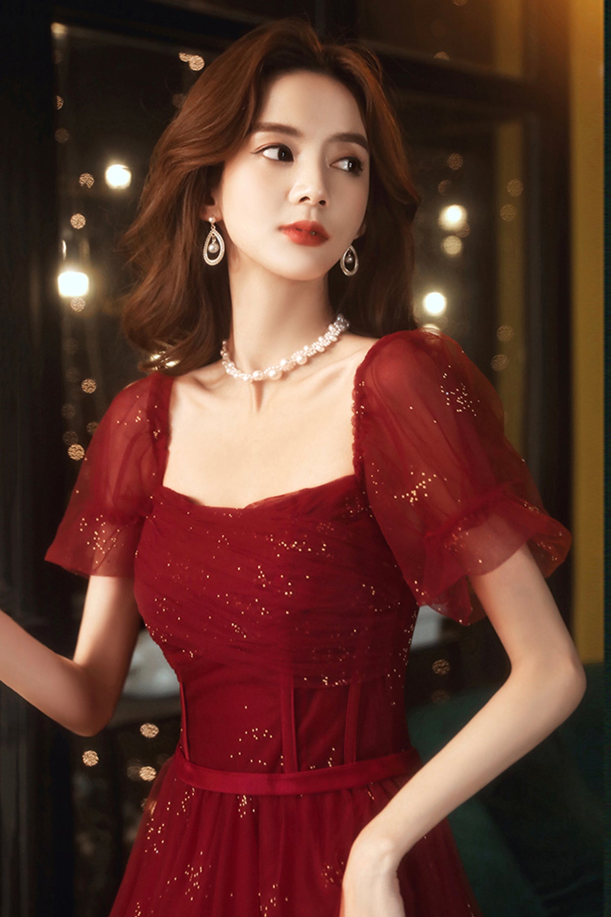 Burgundy Tulle Sequins Long A Line Prom Dress Evening Dress fg4234