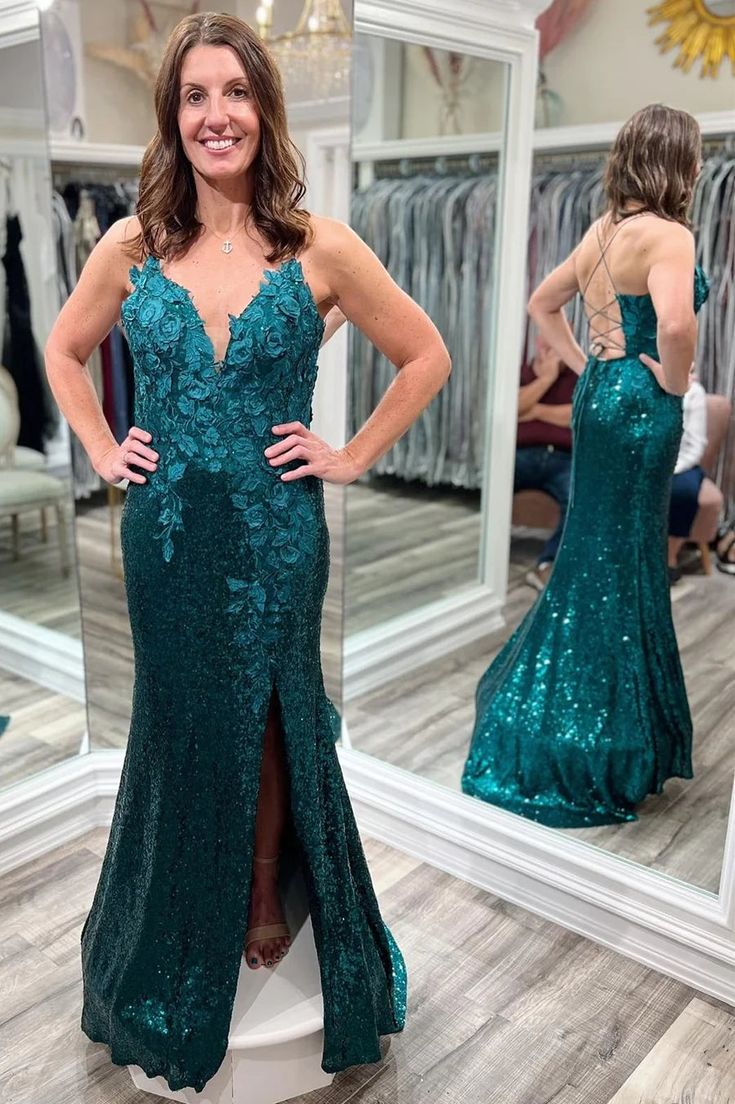 Forest Green Sequin 3D Floral Lace Plunge V Long Formal Dress fg4254 formalgowns Forest Green Sequin 3D Floral Lace Plunge V Long Formal Dress fg4254 formalgowns