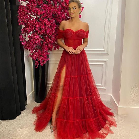 Elegant Red Corset Evening Dresses Side Split A Line Long Tulle Off Th formalgowns Elegant Red Corset Evening Dresses Side Split A Line Long Tulle Off Th formalgowns