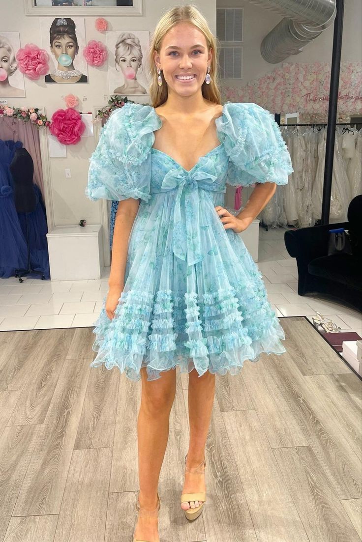 Blue Floral Print Short Baby Doll Homecoming Dress with Balloon Sleeve formalgowns Blue Floral Print Short Baby Doll Homecoming Dress with Balloon Sleeve formalgowns
