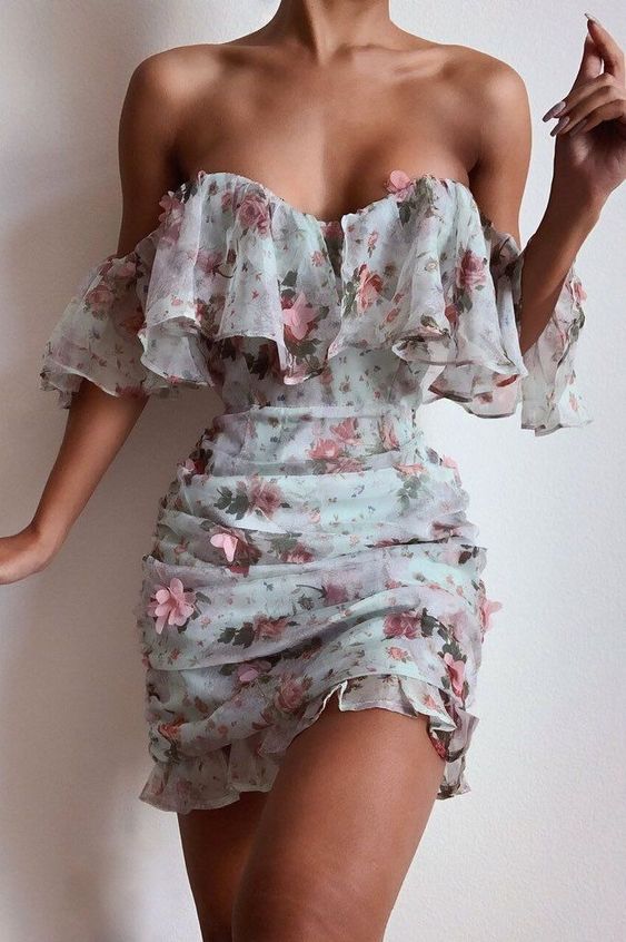 Floral Print Ruched Chiffon Women Dress Ruffle off Shoulder Elegant Se – formalgowns Floral Print Ruched Chiffon Women Dress Ruffle off Shoulder Elegant Se – formalgowns