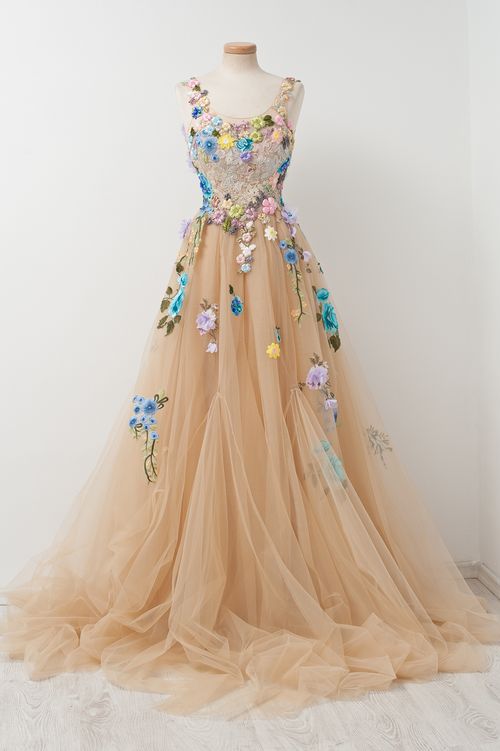 Champagne A-line Sleeveless Tulle Prom Gown With Embroidery,sleeveless formalgowns Champagne A-line Sleeveless Tulle Prom Gown With Embroidery,sleeveless formalgowns