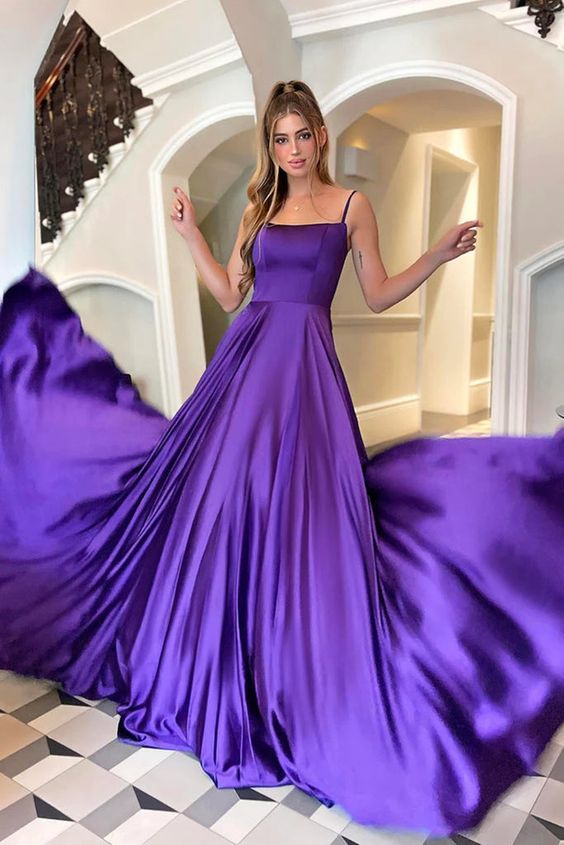 satin scoop neck prom dress A-line Scoop Neck Simple Cross Straps Prom Dresses With Pockets PSK240 US0 / As Picture
