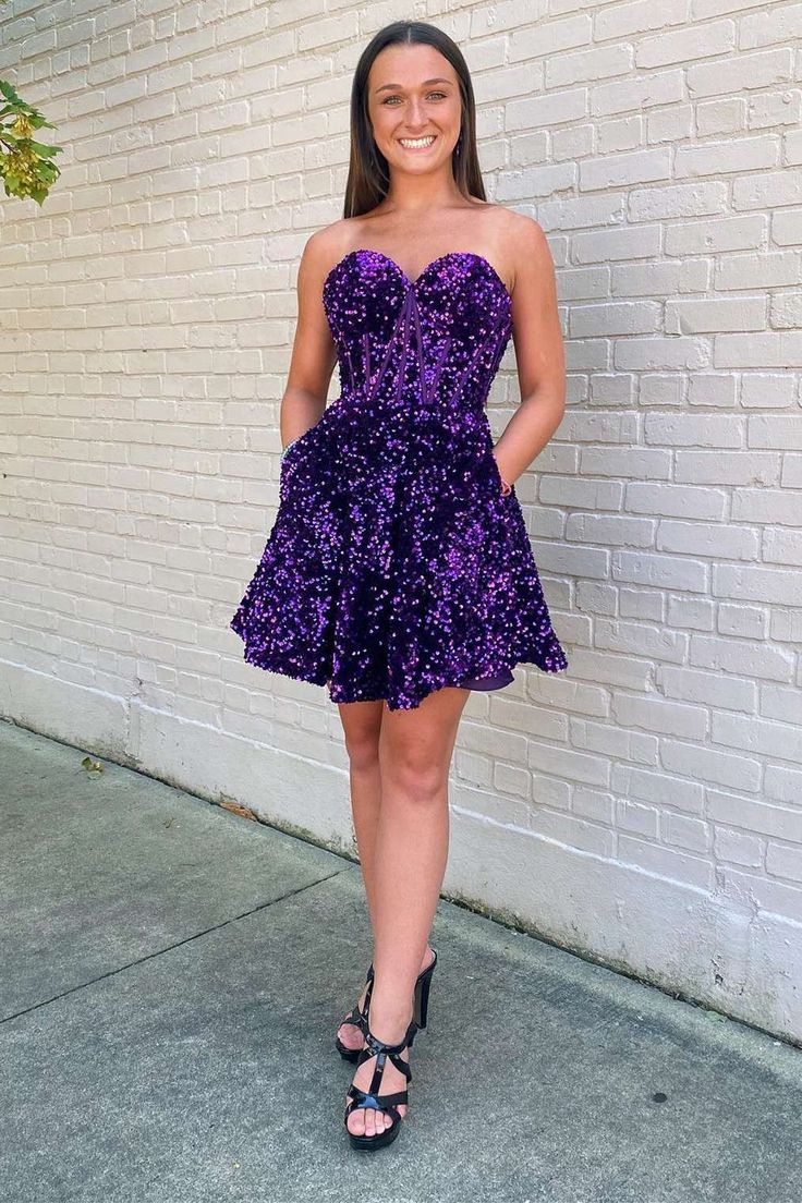 Purple Sequin Sweetheart A-Line Short Homecoming Dress with Pockets fg – formalgowns