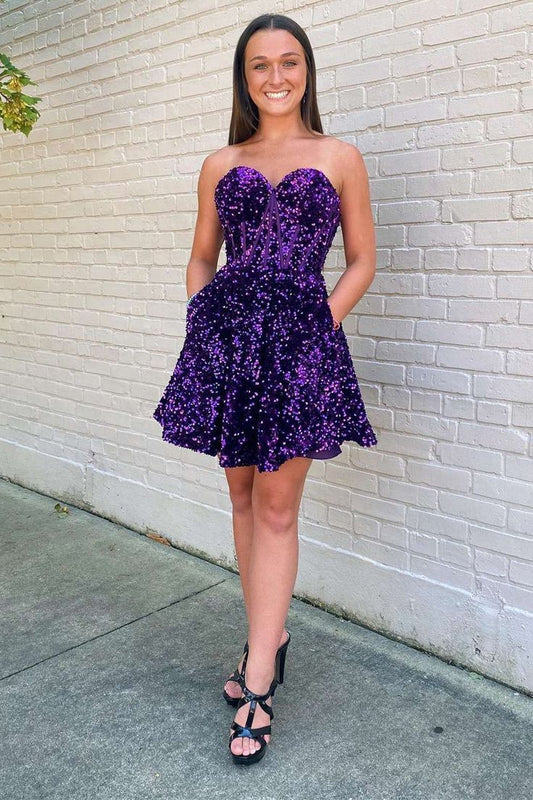 Robe de soirée courte trapèze à sequins violets et poches, coupe cœur, fg3614