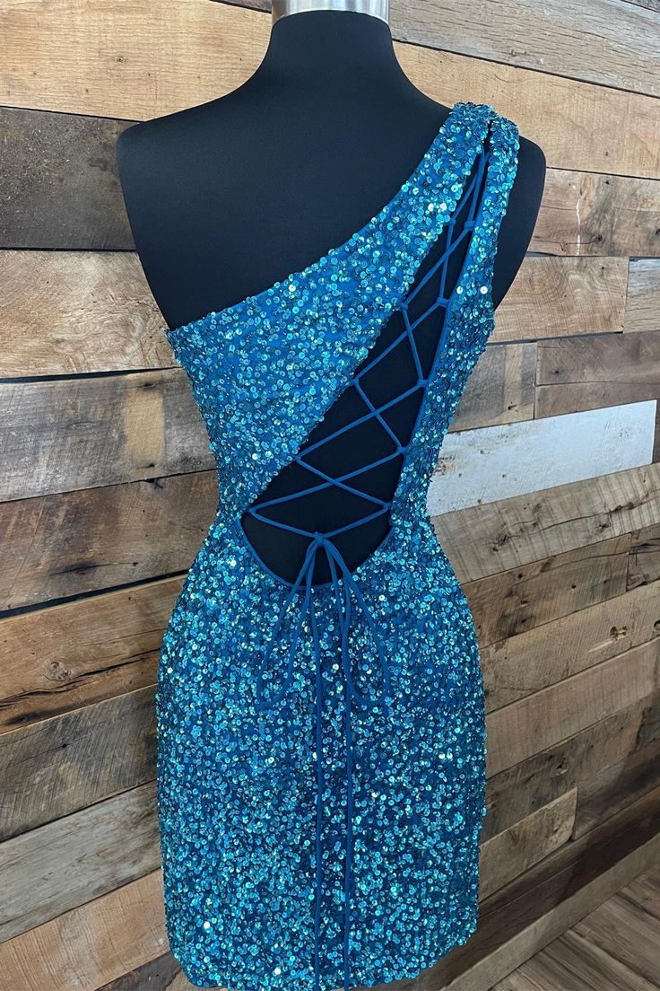 Sparkle Blue Sequin One Shoulder Bodycon Party Dress fg4346