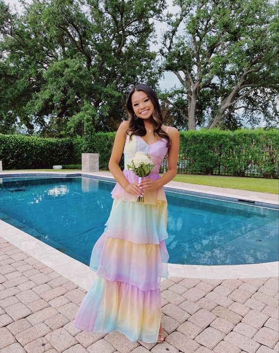Maxikleid Regenbogen Chiffon lange Ballkleider, Abendkleider, Partykleider, formelle Kleidung fg3395