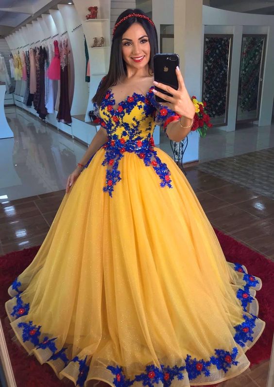 Evening Dresses Yellow Sequins Prom Lace 3d Flower Evening Gowns Short Sleeve Princess Formal Women Dress fg4105