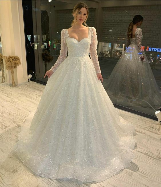 Weißes Tüll A-Linie Langes Ballkleid Brautkleid fg3710