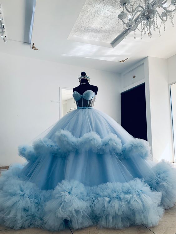 puffy prom dress blue Trending Light Blue Satin Off-shoulder Slit Puffy Dress