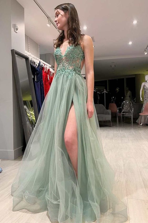 Sage Green Tulle Floral Lace Backless A-Line Prom Dress with Slit fg4185 Sage Green Tulle Floral Lace Backless A-Line Prom Dress with Slit fg4185