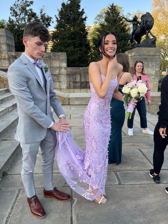 Robe de soirée sirène violette avec appliques en dentelle, robe de soirée formelle fg3775