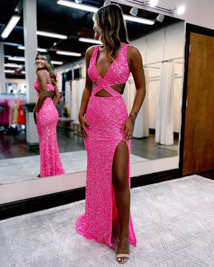 Charming Glitter Mermaid V Neck Hot Pink Sequins Prom Dresses with Sli formalgowns Charming Glitter Mermaid V Neck Hot Pink Sequins Prom Dresses with Sli formalgowns