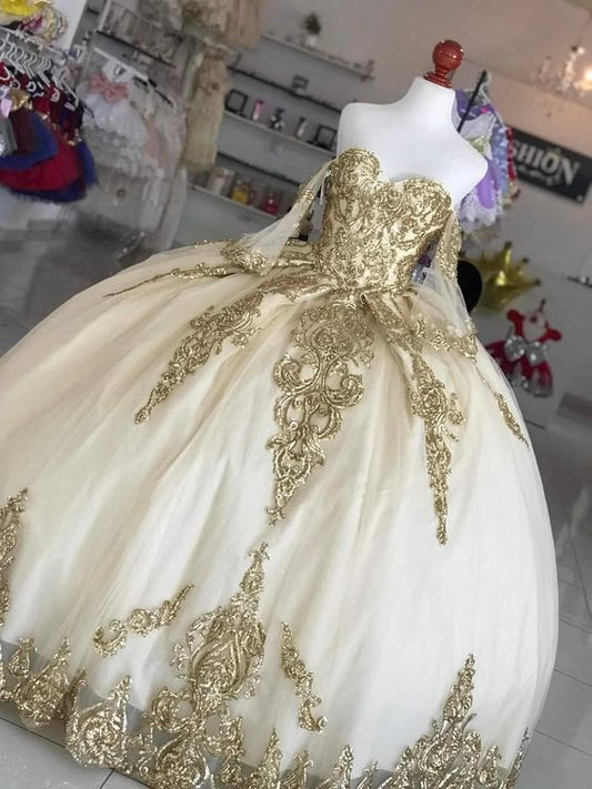 Schulterfreies langes Ballkleid mit goldener Spitze fg3770