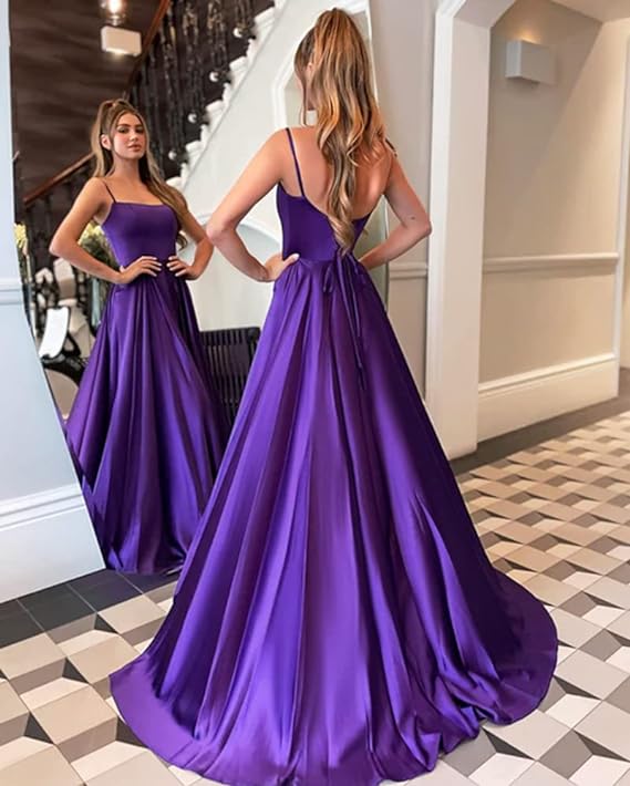 A-Linie Satin U-Ausschnitt Langes Ballkleid Träger Abendkleid fg4066