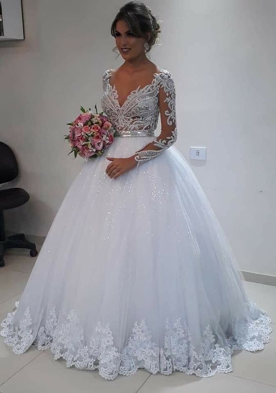 Langes Ballkleid aus weißem Spitzentüll, Hochzeitskleid aus weißem Spitzentüll fg3860