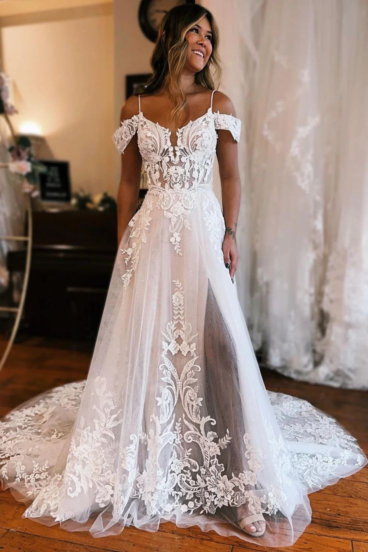 Gorgeous A-Line Cold Sleeves Tulle Lace Beach Wedding Dresses fg3853 formalgowns Gorgeous A-Line Cold Sleeves Tulle Lace Beach Wedding Dresses fg3853 formalgowns