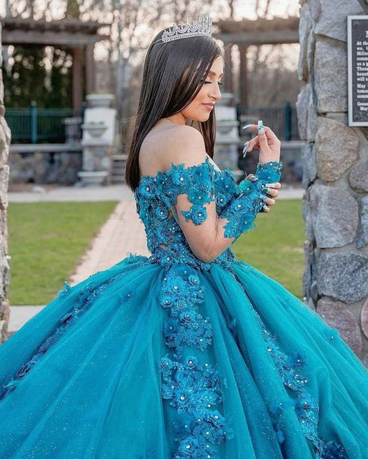 Prinzessin Quinceanera Kleider Spitze Applique Süße 16 Kleid Lange Ärmel vestidos de 15 Ballkleid Prom Kleider fg4216