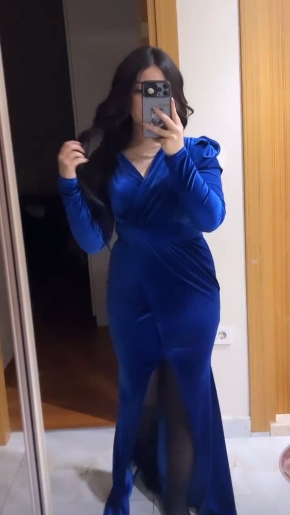 Blaues langes Ballkleid mit V-Ausschnitt, formelle Abendkleider fg4020