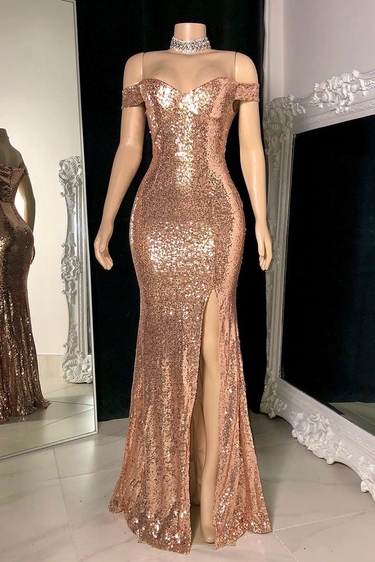 Superbe robe de bal longue sirène à épaules dénudées et paillettes fendues fg4053