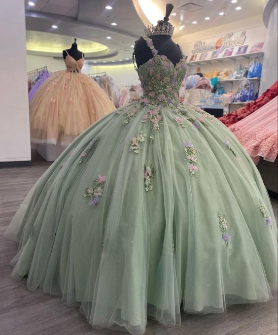 Grünes A-Linien-Ballkleid aus Tüll, Ballkleider, Abendkleider fg4042
