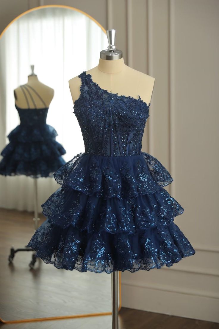 Dark Navy One Shoulder Appliques Multi-Layers Tulle Homecoming Dress f formalgowns Dark Navy One Shoulder Appliques Multi-Layers Tulle Homecoming Dress f formalgowns