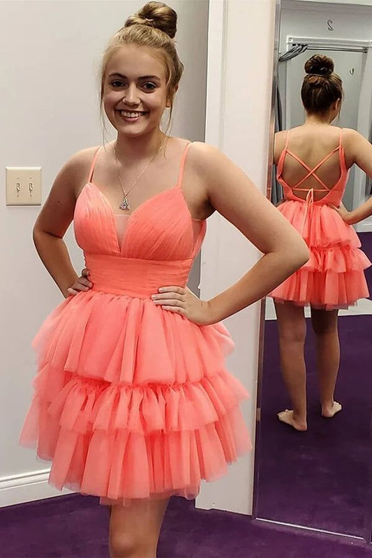 Korallenrote A-Linie, weicher Tüll, rückenfreies Homecoming-Kleid, kurze Ballkleider fg3417