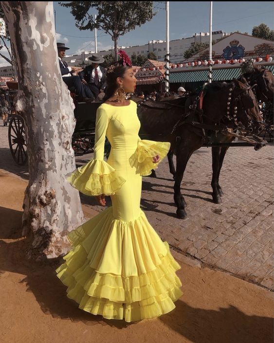 Yellow Women Mermaid Prom Dresses Spanish Ruffles Tiered Long Sleeves Evening Gowns Ceremony Formal Party Wear fg3918 Yellow Women Mermaid Prom Dresses Spanish Ruffles Tiered Long Sleeves Evening Gowns Ceremony Formal Party Wear fg3918