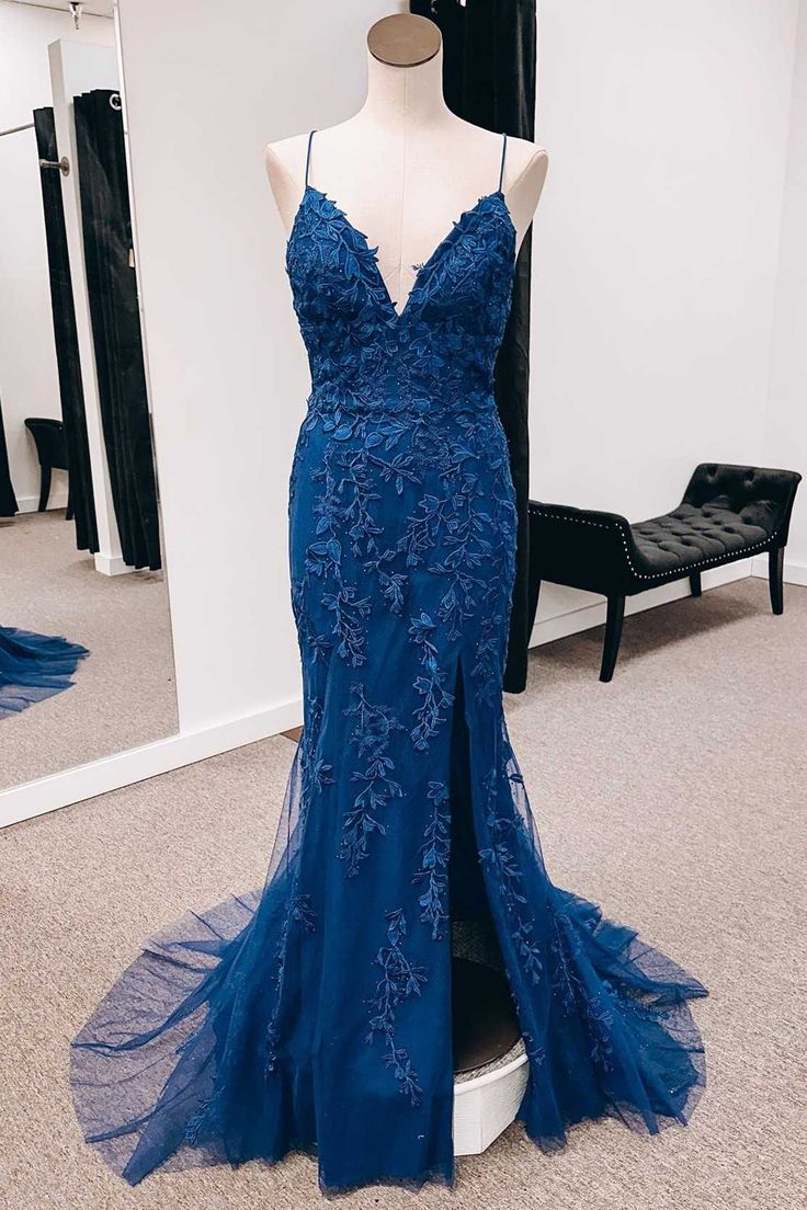 Navy Appliques Lace-Up Back Mermaid Long Formal Dress with Slit fg4058 formalgowns Navy Appliques Lace-Up Back Mermaid Long Formal Dress with Slit fg4058 formalgowns