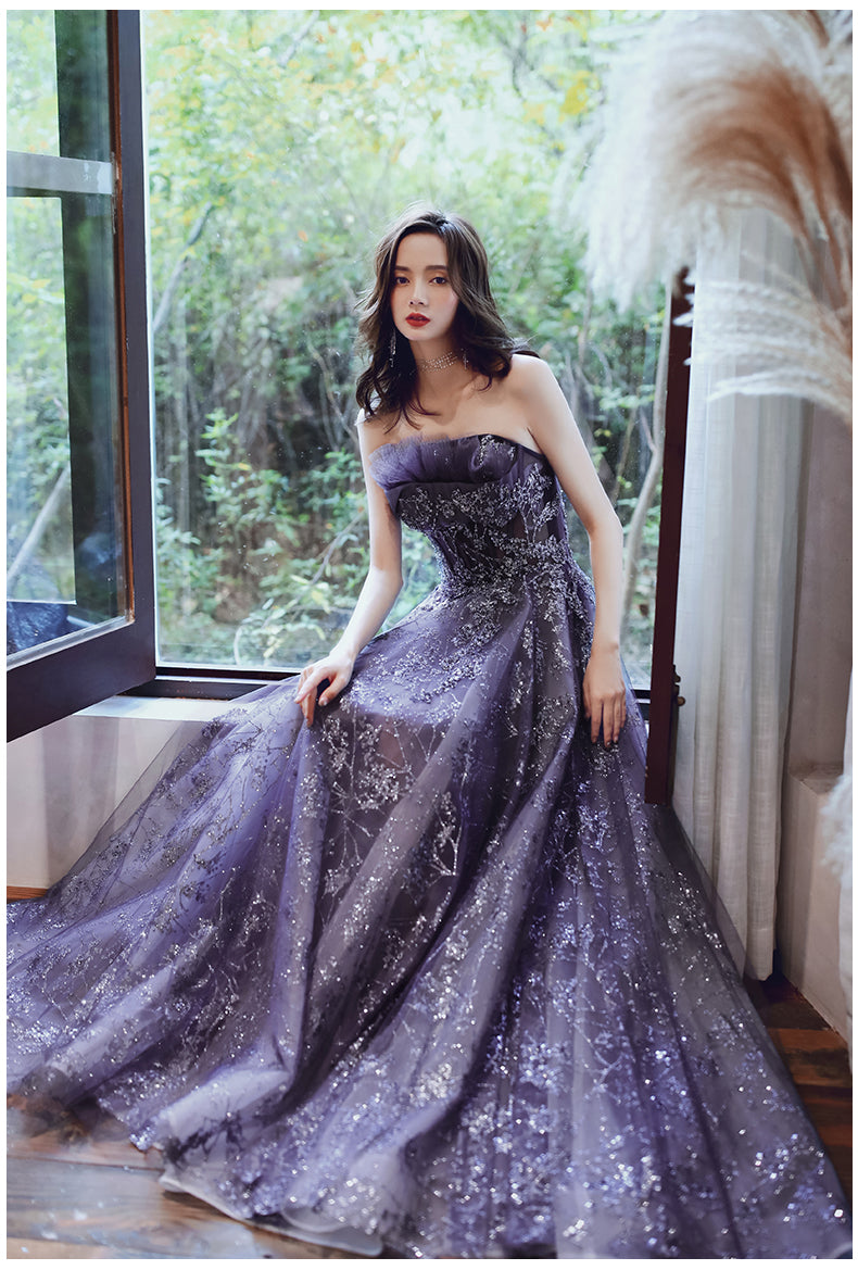 Dunkelviolettes Abendkleid im Tüllstil, Lila A-Linie Langes Ballkleid Partykleid fg4008