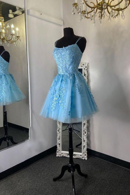 Homecoming-Kleider Blaues kurzes Homecoming-Kleid mit Applikationen fg3674