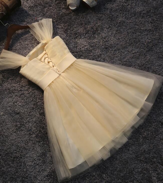 Schönes Champagner-Tüll-Heimkehrkleid für Teenager mit Schleife, Trägern, Tüll, Abendkleider fg3745