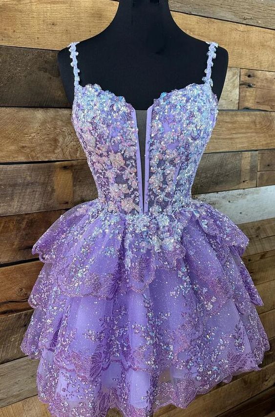 Straps Tulle Sequin A-Line Homecoming dress with Ruffle Skirt fg3894