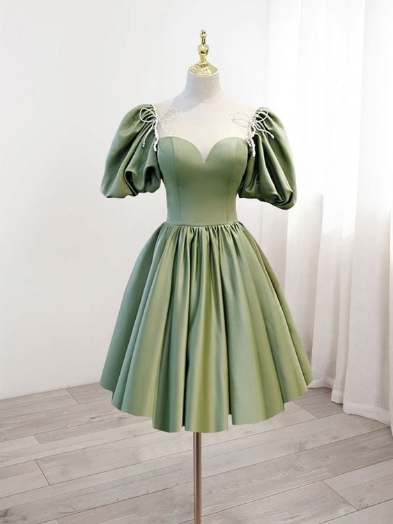 A-Line Green Puffy Sleeve Satin Short Prom Dress, Green Short Formal D formalgowns A-Line Green Puffy Sleeve Satin Short Prom Dress, Green Short Formal D formalgowns