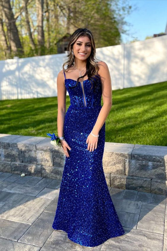 Robe de bal longue sirène bleu roi à sequins fg4190