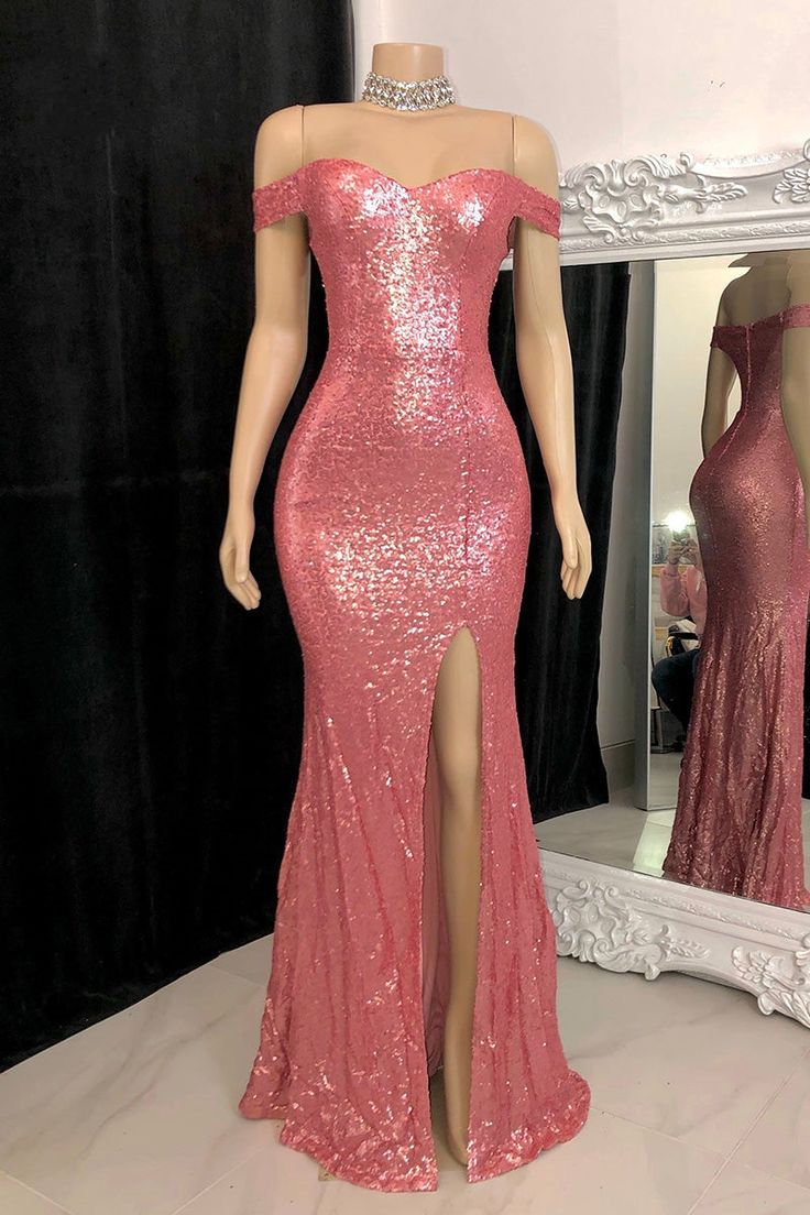 Superbe robe de bal longue sirène à épaules dénudées et paillettes fendues fg4053