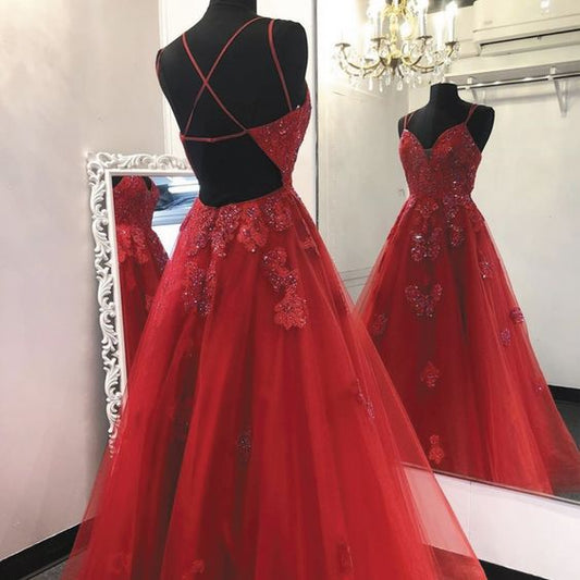 Robe de bal en dentelle rouge, robe de bal avec appliques en dentelle, robe de bal à bretelles spaghetti fg3405