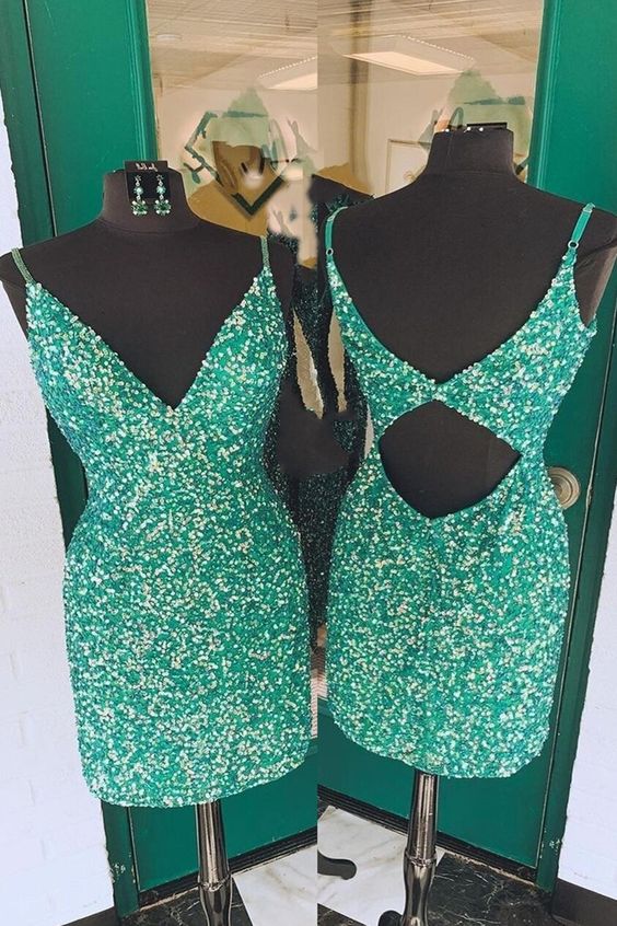 Grünes Pailletten-Spaghettiträger-Minikleid mit figurbetontem Abschlussballkleid fg3679