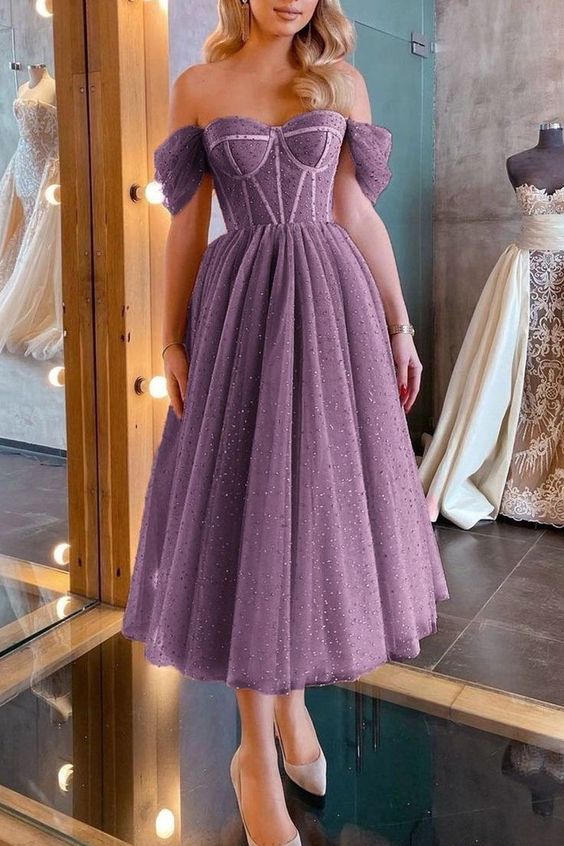 Robe de soirée violette à épaules dénudées, robe de bal fg4083