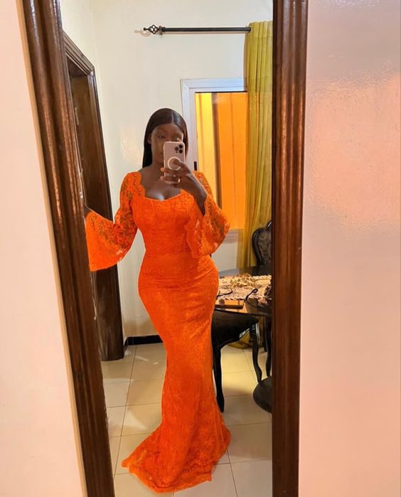 Orange Lace Long Prom Dress, Formal Evening Graduation Dress fg4002 – formalgowns