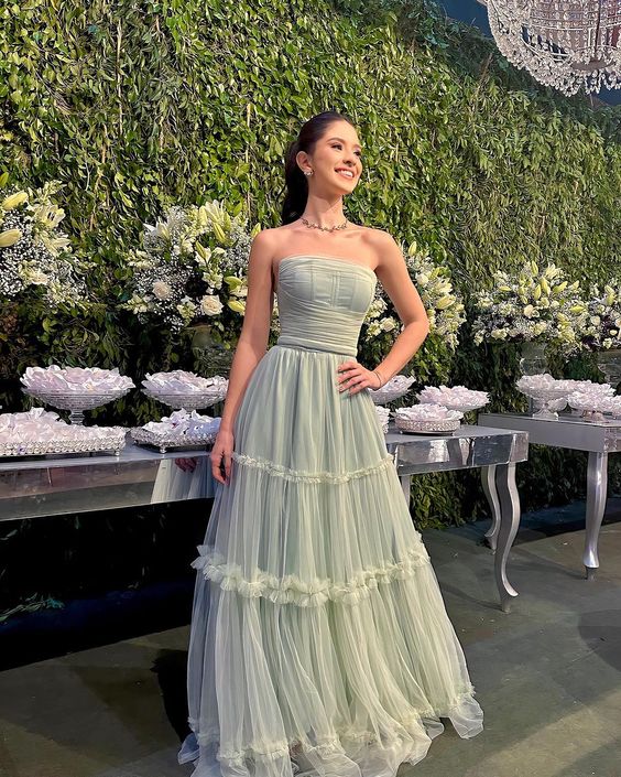 Robe de bal trapèze couleur sauge, robe de soirée pour invités de mariage fg3956