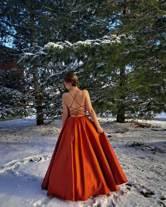 Burnt orange satin prom dress ballgown with pockets fg3911