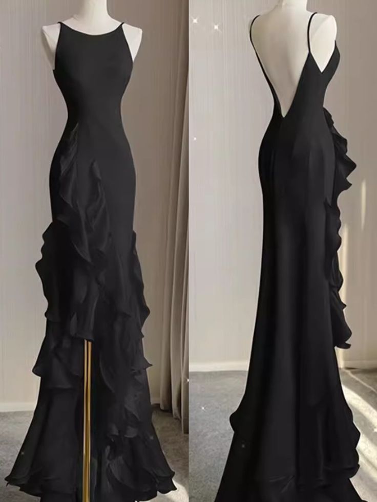 Black Mermaid Beach Wedding Dress With Ruffles, Spaghetti Straps Backl formalgowns Black Mermaid Beach Wedding Dress With Ruffles, Spaghetti Straps Backl formalgowns