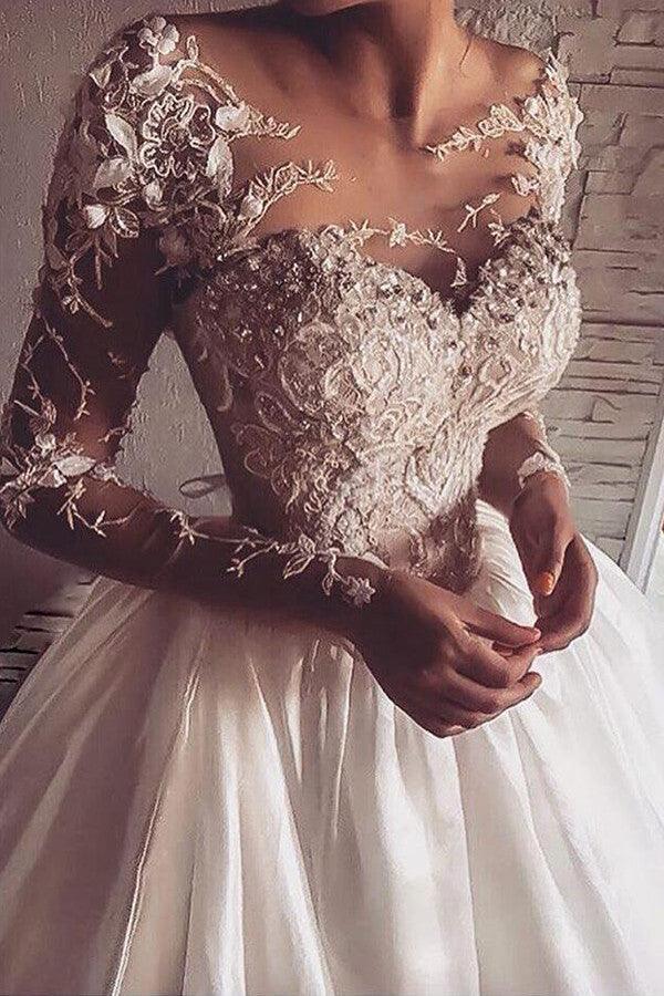 Illusion Jewel Neck Long Sleeves Sweep Wedding Dress With Appliques fg3464 Illusion Jewel Neck Long Sleeves Sweep Wedding Dress With Appliques fg3464
