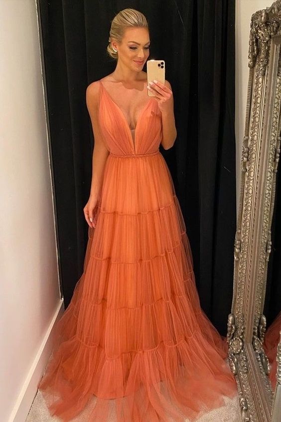 Robe de soirée longue orange coupe trapèze, robe de bal fg4039