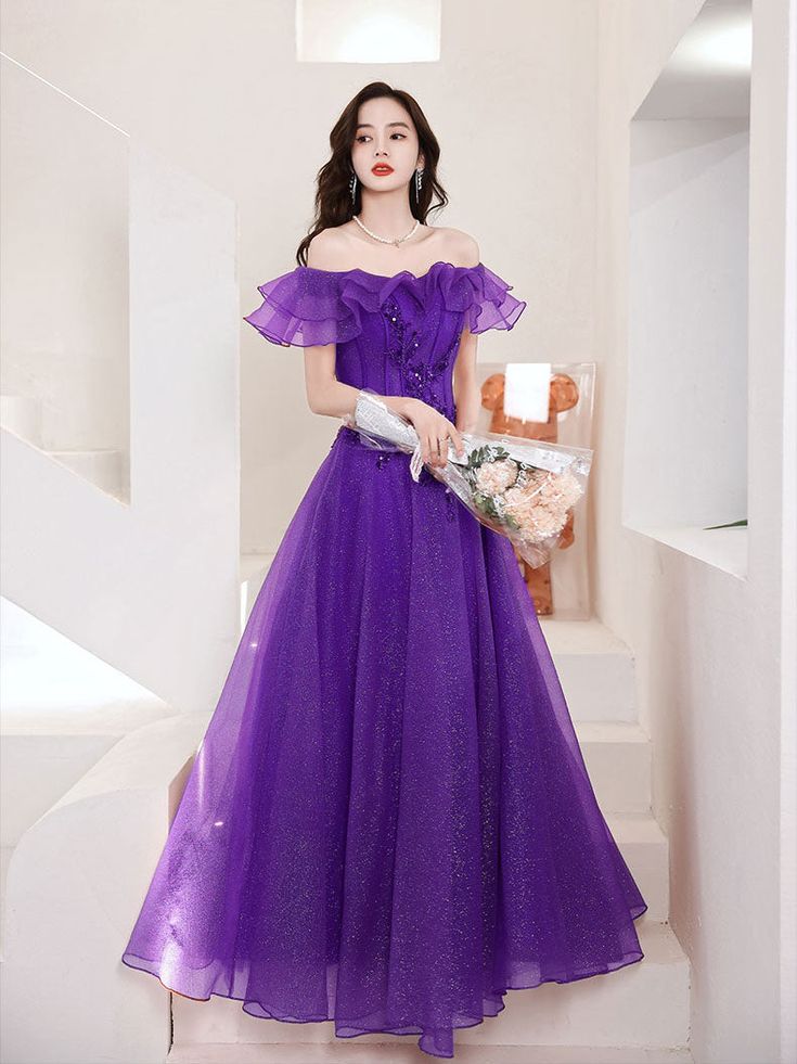 Schulterfreies langes Ballkleid aus Tüll, A-Linien-Abendkleid aus Tüll fg3999