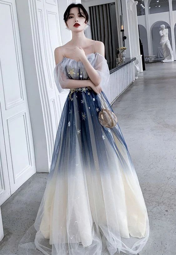 Blaues Aline-Tüll-Langballkleid, blaues Tüll-Abendkleid fg4007