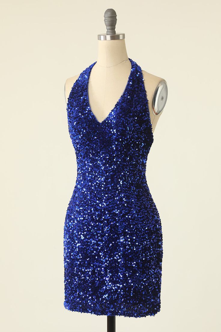 Royal Blue Sequin Halter Open Back Short Homecoming Dress fg3516 formalgowns Royal Blue Sequin Halter Open Back Short Homecoming Dress fg3516 formalgowns