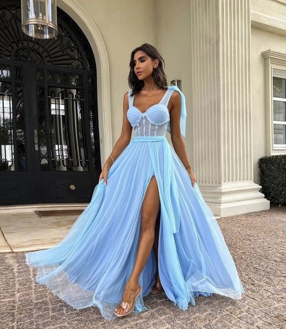Blaues langes Ballkleid A-Linie formelle Abendkleider fg4019